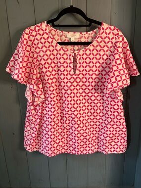 Charter Club Linen Pink & White Geometric Flutter-Sleeve Blouse | Size XL